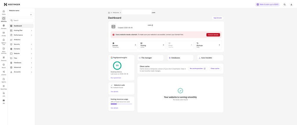 hPanel dashboard overview for PHP/HTML websites