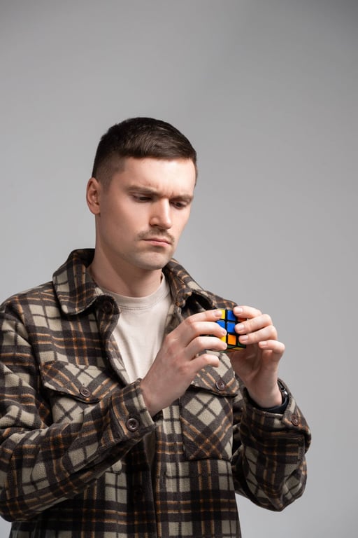 Karolis Varnelis concentrating on solving a Rubik's cube
