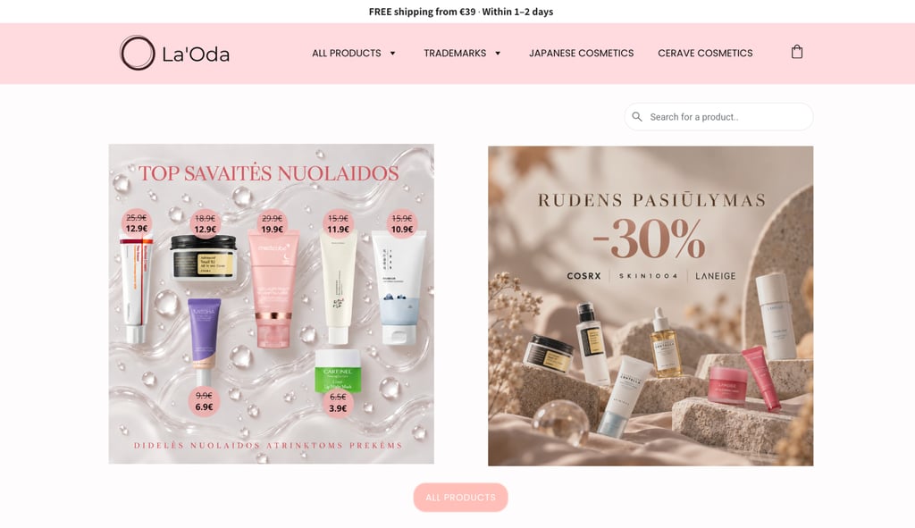 La'Oda's ecommerce website home page