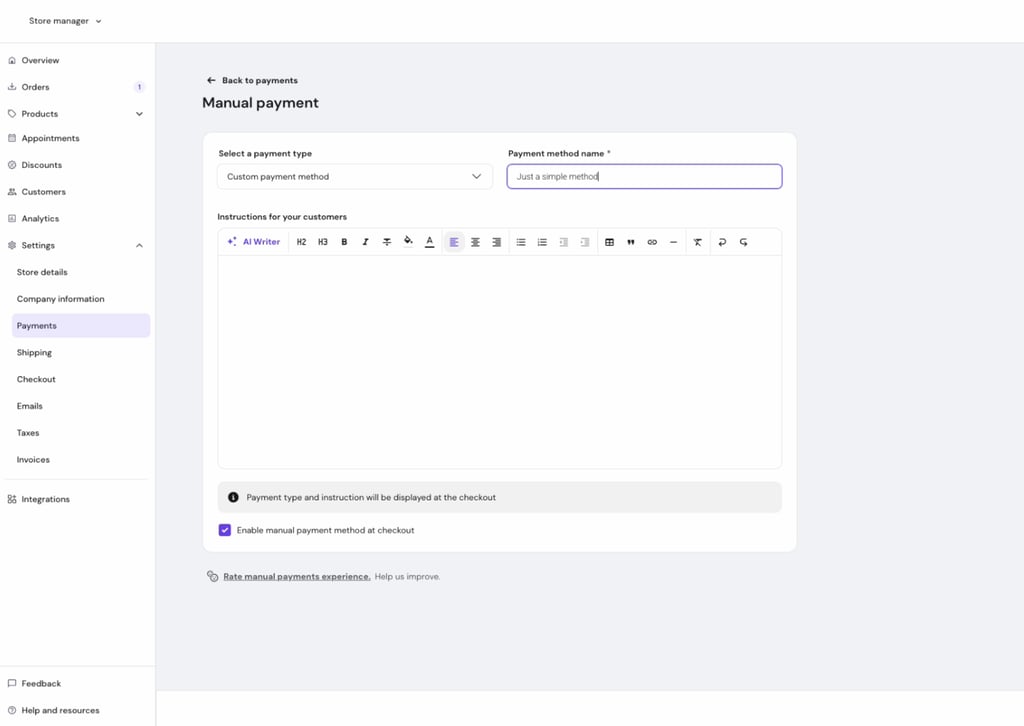 Manual payment setting page in Hostinger Website Builder's store manager