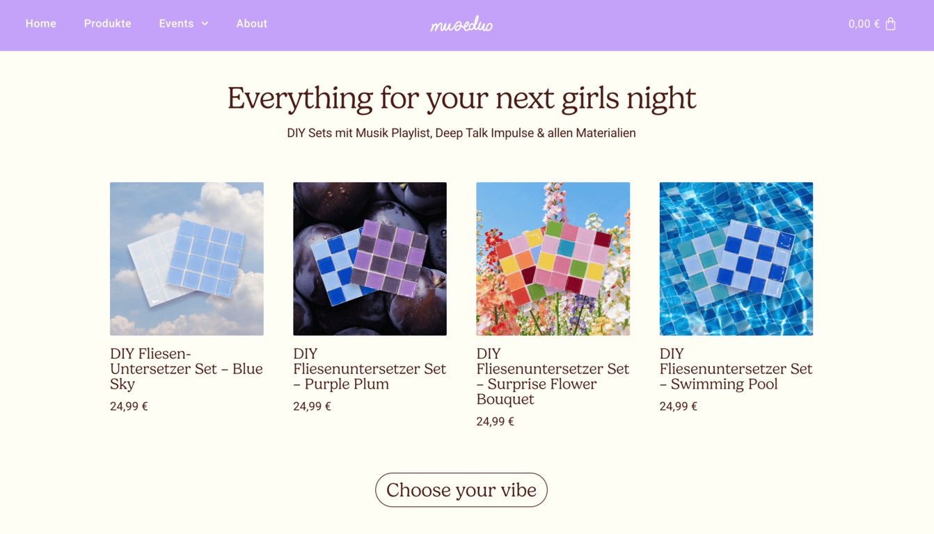 MuseDuo's online store page headed "Everything for your next girls night," displaying four colourful DIY tile coaster sets priced at &euro;24.99 each.