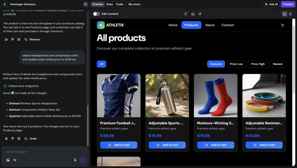 The generated product demonstrations on Hostinger AI Builder' interface