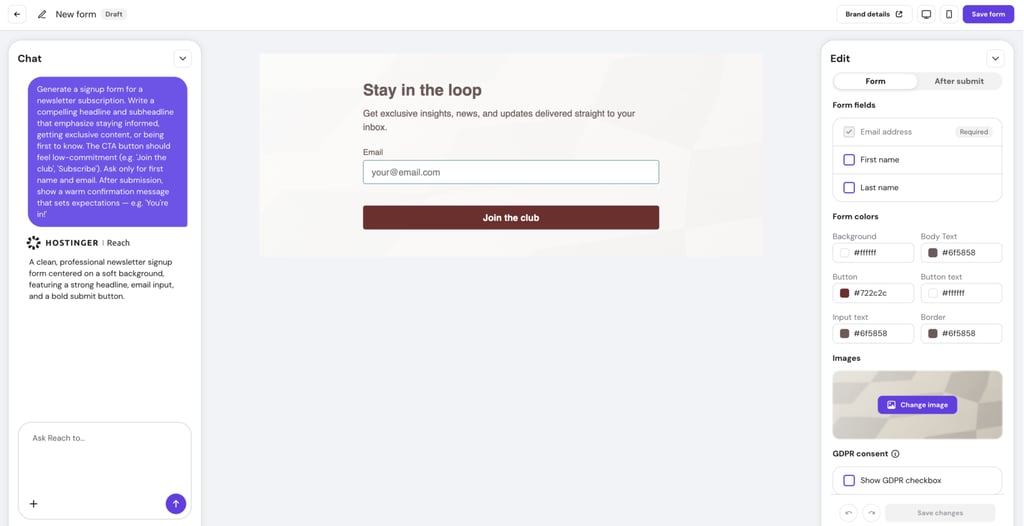 Hostinger Reach's AI contact form builder