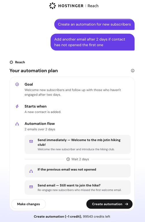 Hostinger Reach chat showing an AI-generated automation plan with a goal, trigger, and two-email sequence, ready to review or create