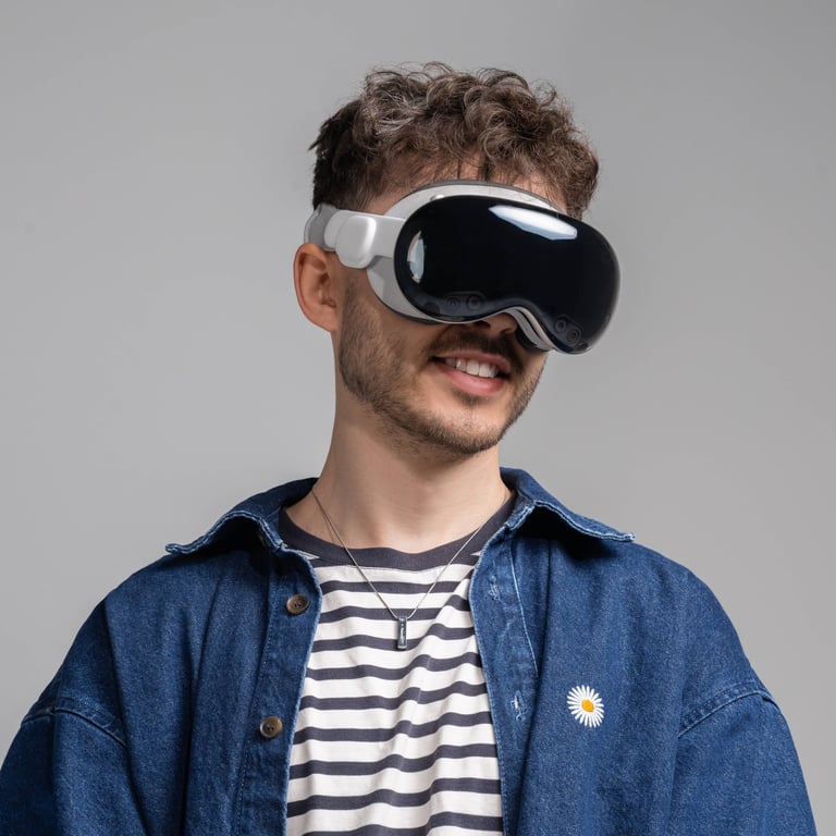 Ugnius Šmaižys smiling while wearing a VR headset