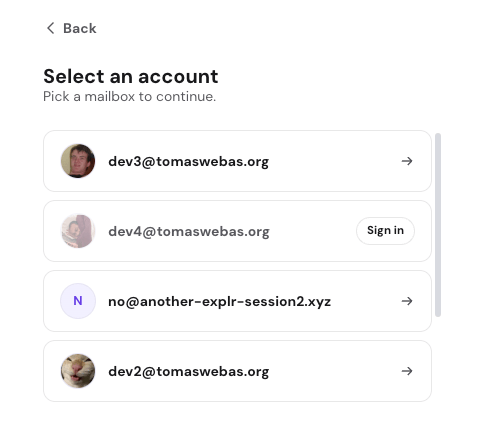 Hostinger Webmail account picker listing several mailboxes to sign in to and switch between