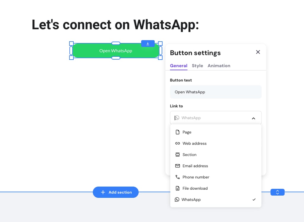 WhatsApp button settings in Hostinger Website Builder