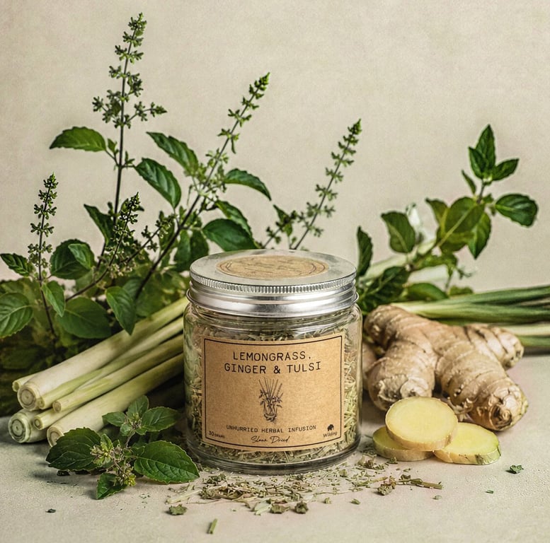 A jar of Wilding's Lemongrass, Ginger & Tulsi herbal infusion surrounded by fresh lemongrass, ginger, and tulsi leaves.