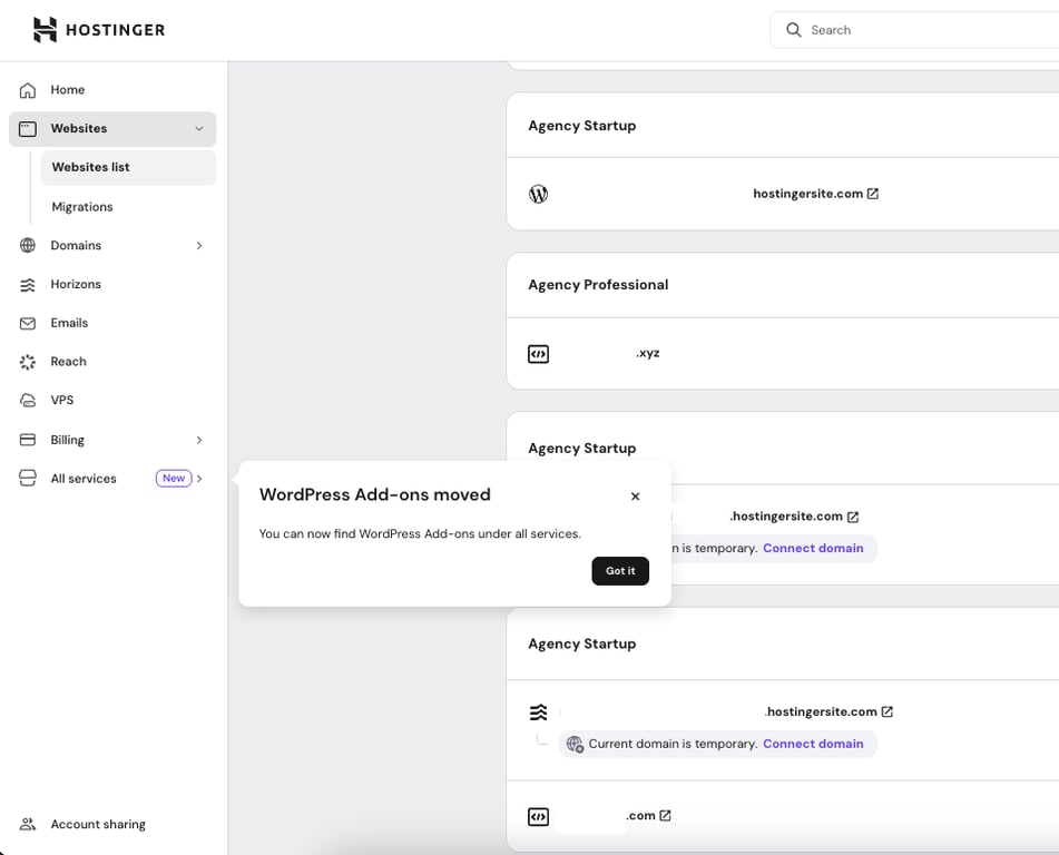 WordPress Add-ons menu location on Hostinger dashboard