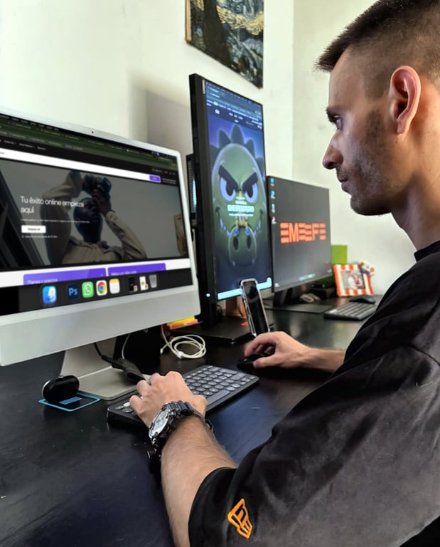 Manuel Ferre at his desk with three monitors showing the Hostinger website, the EME EFE ESTUDIO homepage with its dinosaur mascot, and the studio’s logo