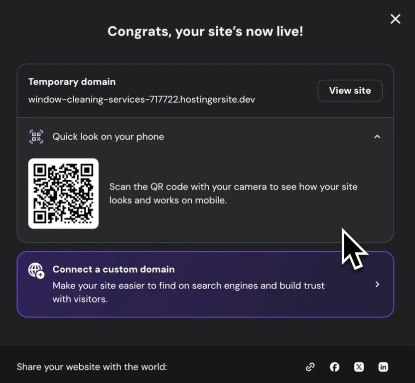 Hostinger AI Builder "your site's now live" screen showing a QR code to preview the published site on a phone, plus the temporary domain and a connect-custom-domain option