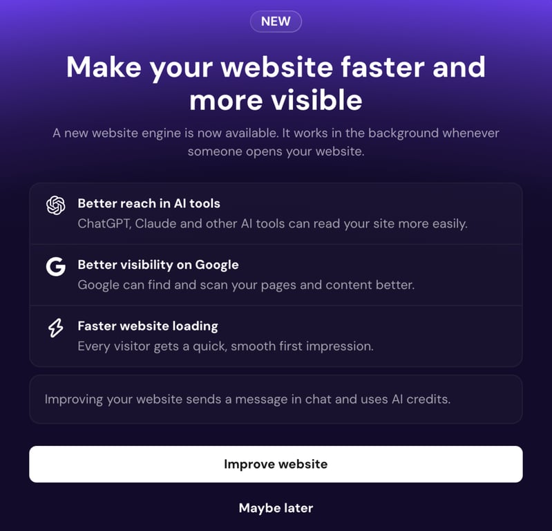 Hostinger AI Builder modal offering a new website engine for better reach in AI tools, better visibility on Google, and faster loading, with an Improve website button.