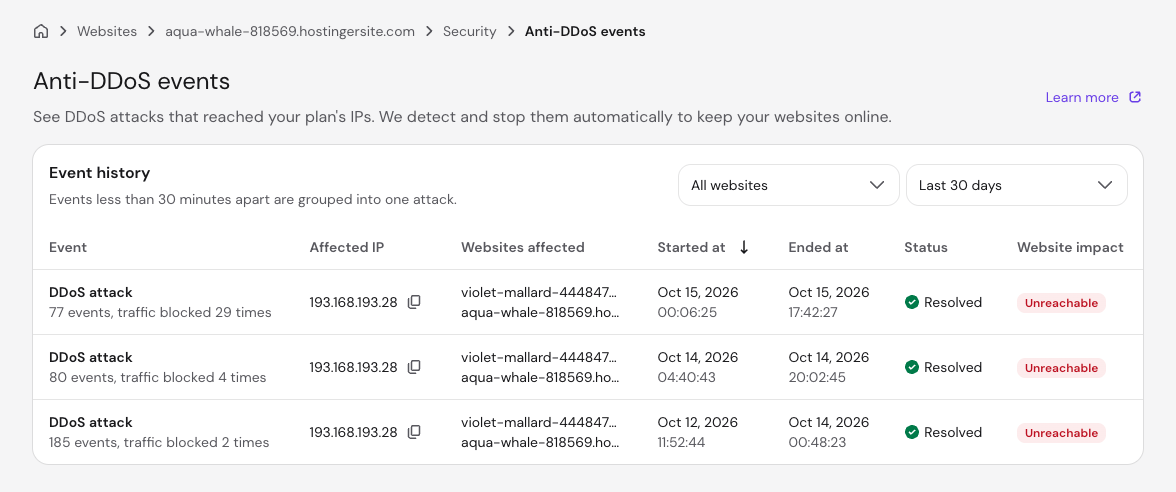 Anti-DDoS events page in Hostinger Dashboard showing an event history table of resolved DDoS attacks with affected IP, websites, start and end times, status, and website impact.