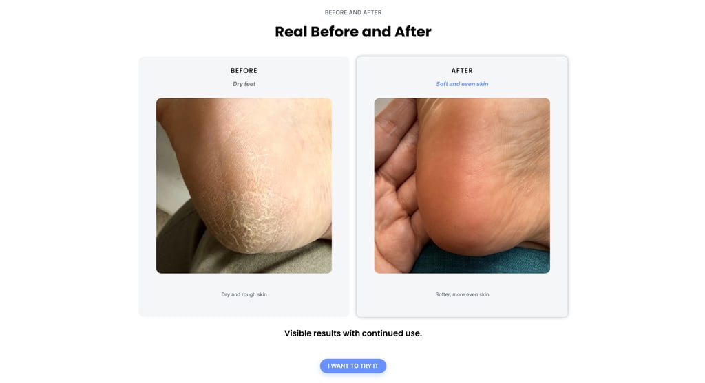 A before and after photo of a customer applying Sola Cosmetics' foot cream