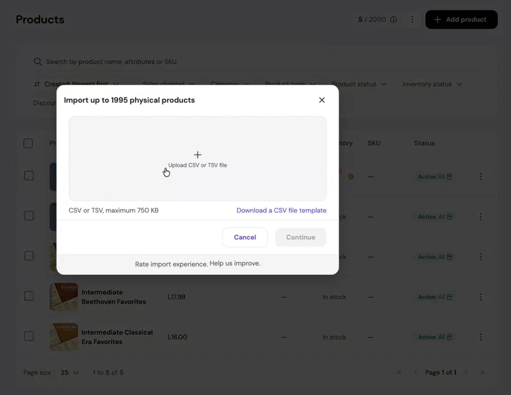 Hostinger Ecommerce product import window showing a limit of 1,995 physical products for a store using 5 of 2,000 product slots, with a CSV or TSV upload area.