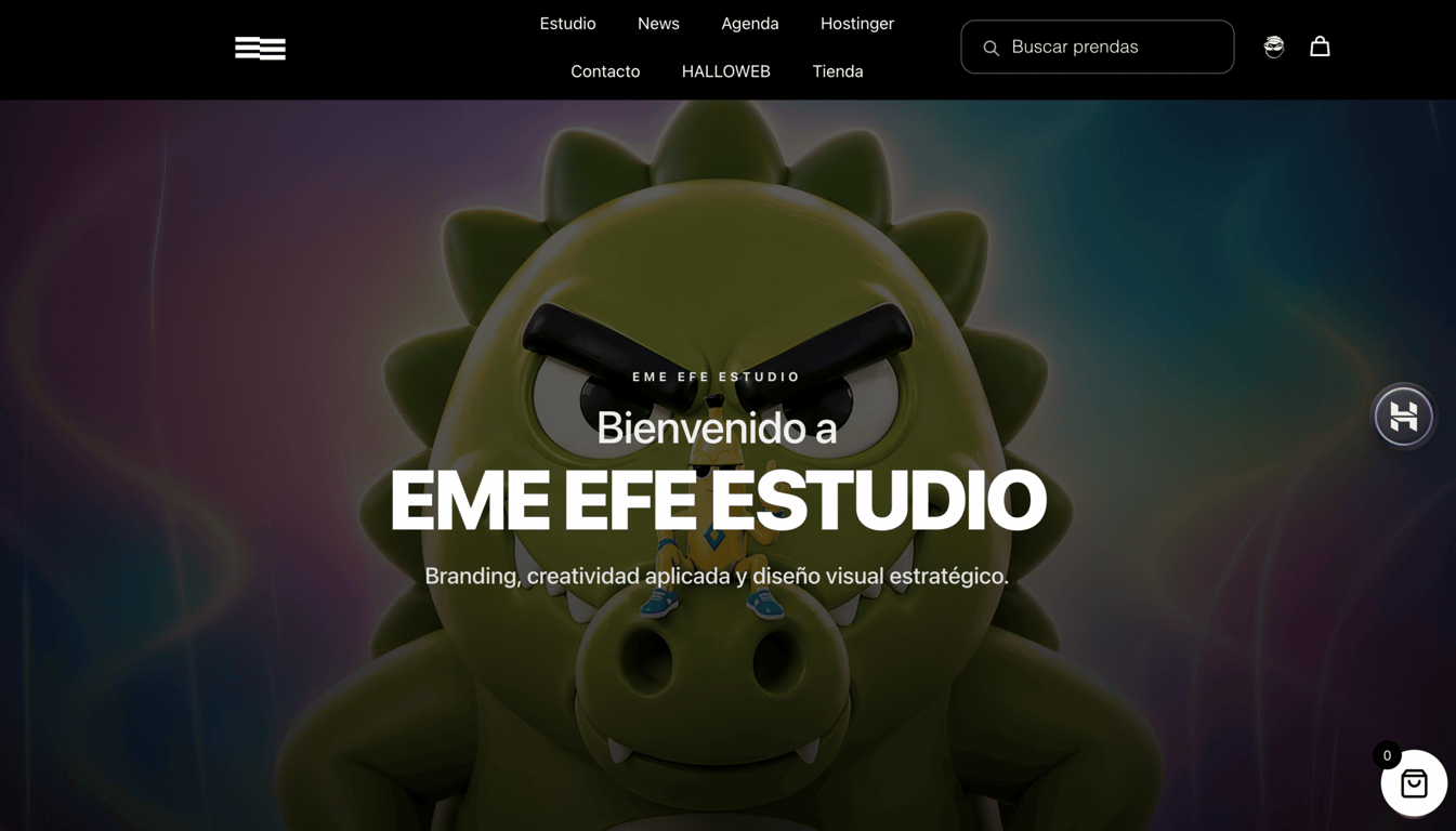 EME EFE ESTUDIO homepage with a large green dinosaur mascot behind the headline “Bienvenido a EME EFE ESTUDIO” and the tagline “Branding, creatividad aplicada y diseño visual estratégico”