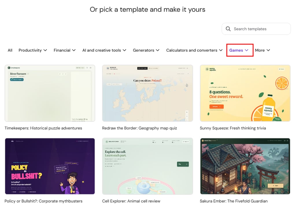 Hostinger AI Builder's Games templates