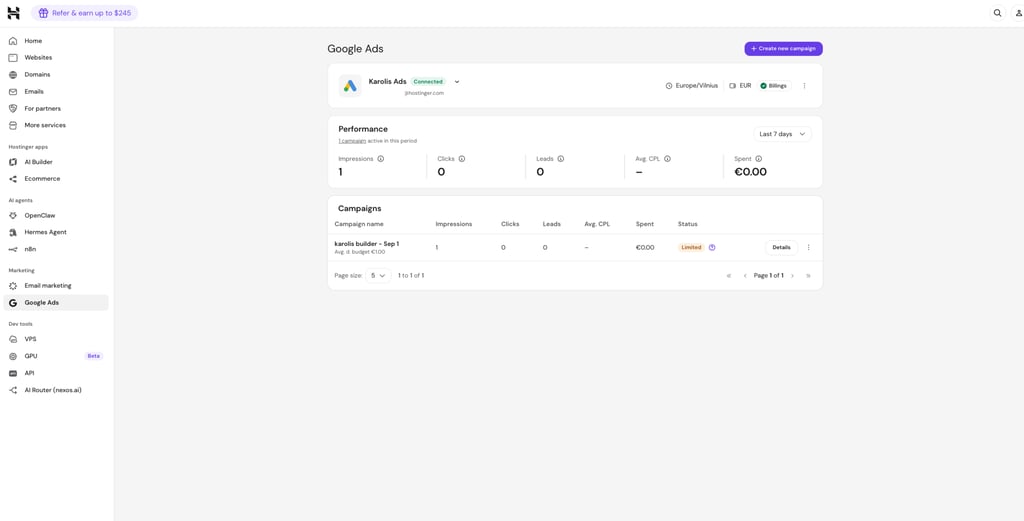 Google Ads performance tracking interface in Hostinger dashboard