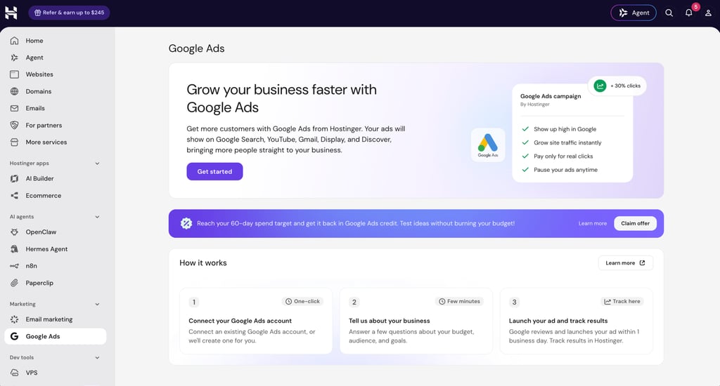 Google Ads menu in Hostinger dashboard
