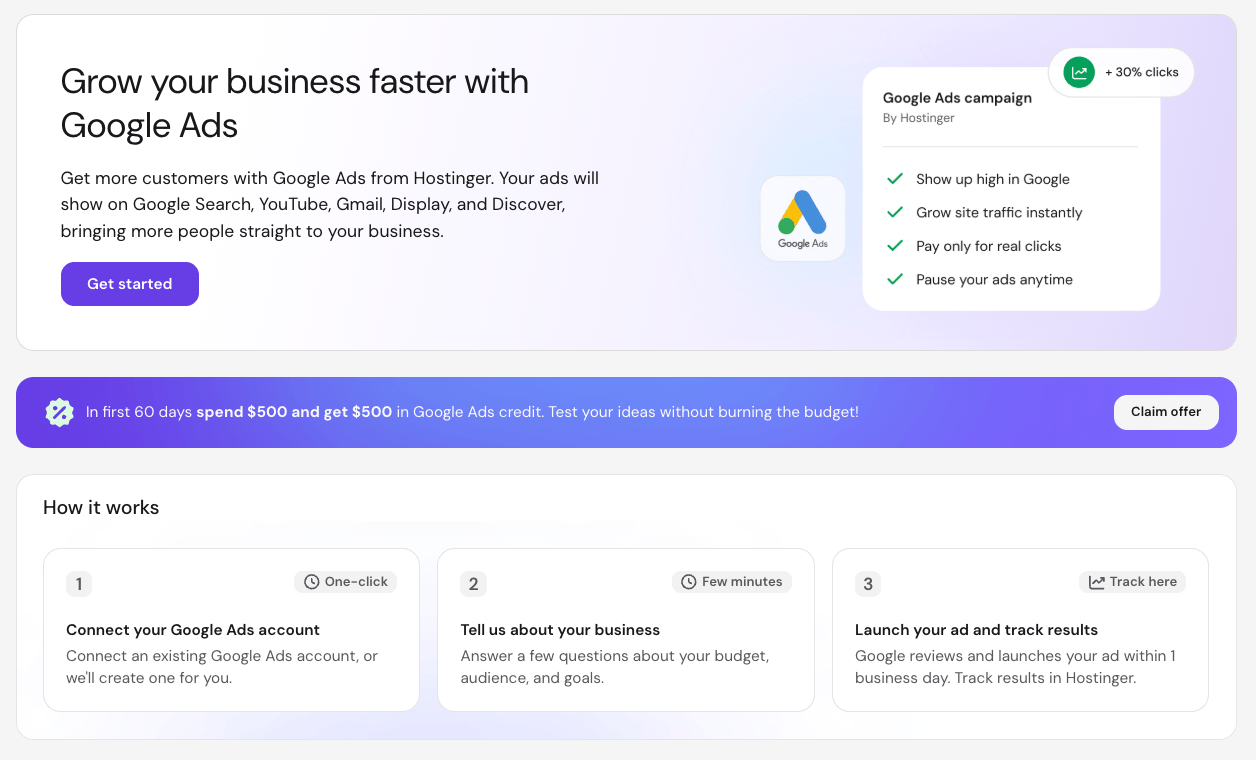 Hostinger Google Ads page with a "spend 0, get 0 in credit" offer and a three-step how-it-works: connect an account, describe your business, launch and track