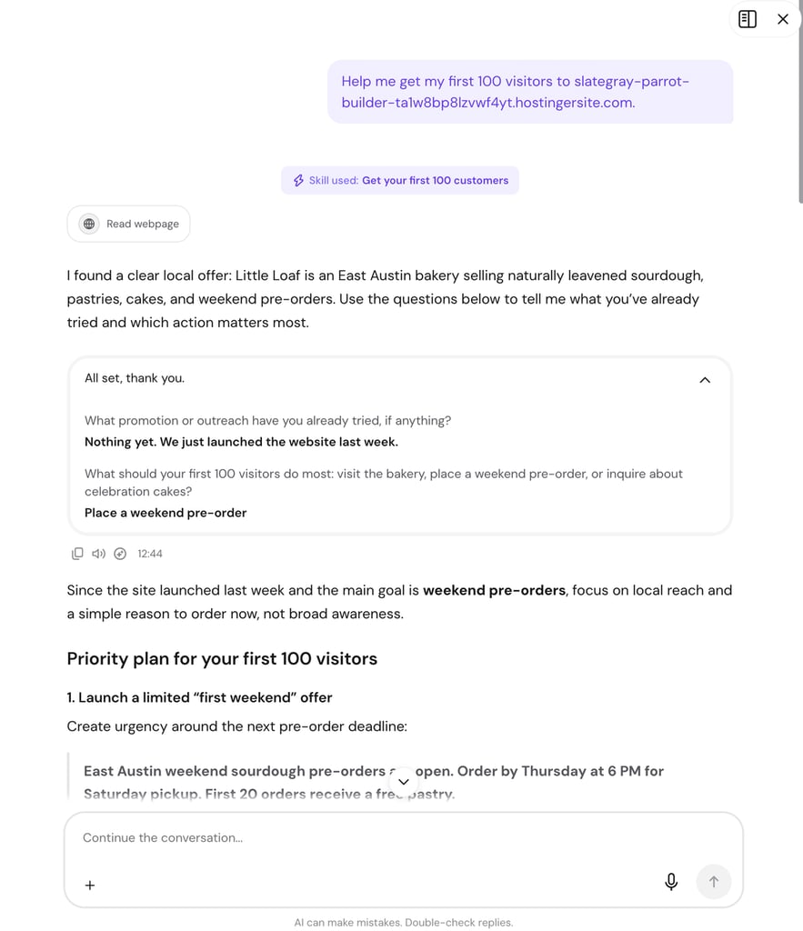Hostinger Agent chat in hPanel analyzing the Little Loaf bakery website, asking what the owner has tried so far and what visitors should do, then ranking a limited first-weekend pre-order offer as the top tactic