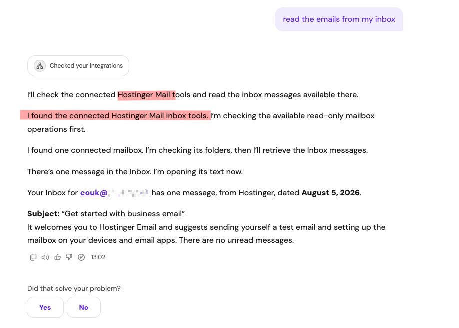 Hostinger Agent chat reading a connected Hostinger Mail inbox and summarizing the one message it found.