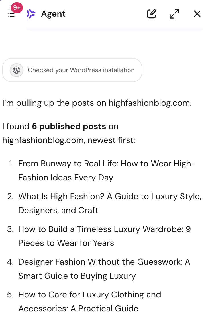 Hostinger Agent conversation listing five published posts it established on a connected WordPress site.