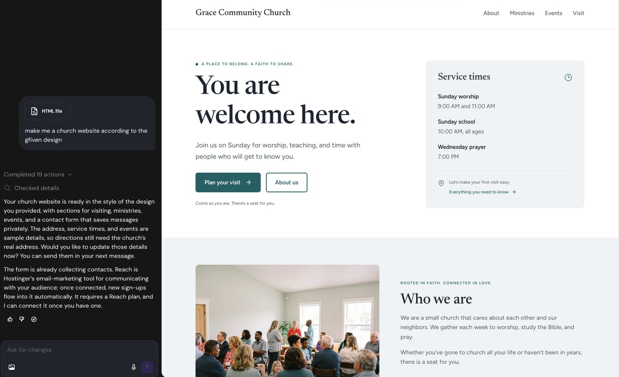 Hostinger AI Builder chat with an attached HTML file and a prompt for a church website, next to the generated Grace Community Church homepage.