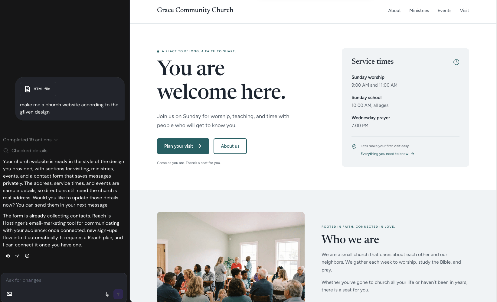 Hostinger AI Builder conversation alongside an attached HTML document and a immediate for a chapel website, next to the generated Grace Community Church homepage.