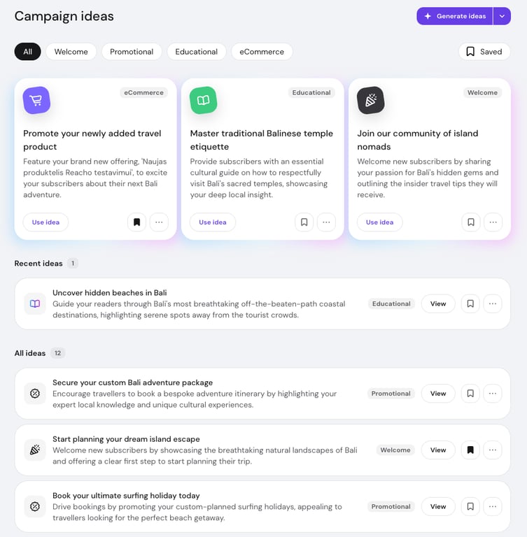 Campaign ideas page in Hostinger Reach with category filters, a Generate ideas button, and email campaign idea cards with Use idea and save buttons.