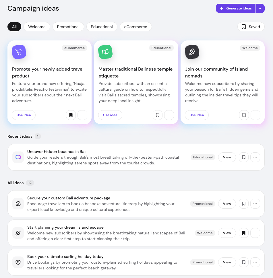 Campaign ideas leaf in Hostinger Reach alongside category filters, a Generate ideas button, and email run idea cards alongside Use idea and preserve buttons.