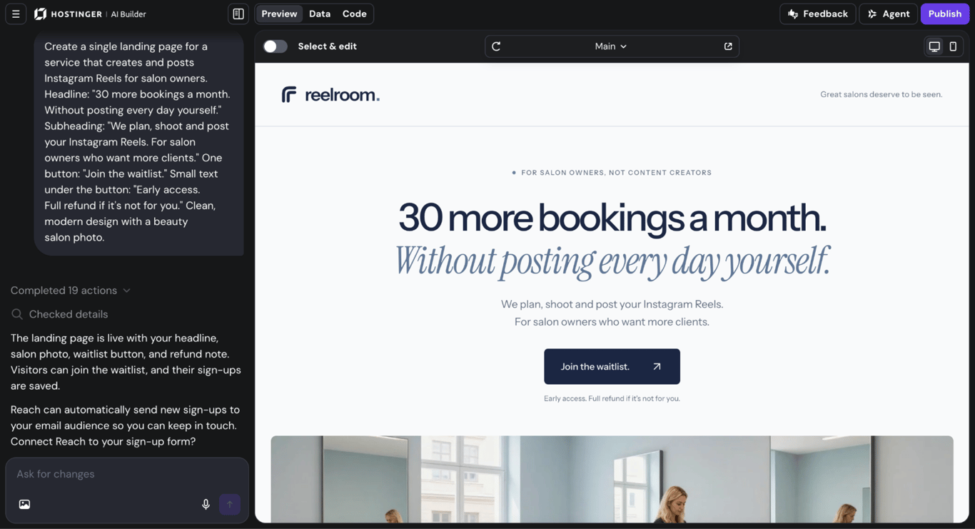 salon-reels-promise-landing-page Hostinger AI Builder turning a one-paragraph immediate into a salon Reels landing leaf that promises 30 additional bookings a month, alongside a Join the waitlist button