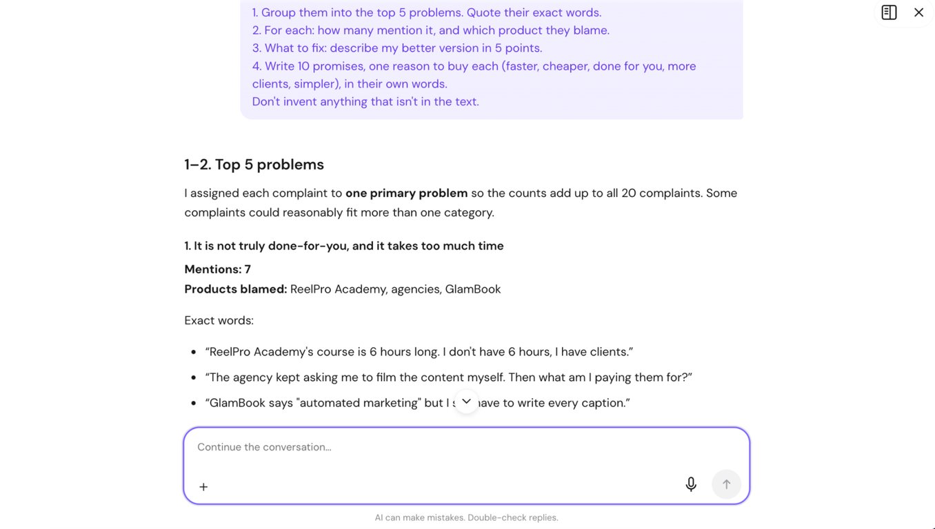 hostinger-agent-complaints-to-promises-output Hostinger Agent output for the second prompt, grouping 20 example salon owner complaints and quoting them term for term under the archetypal of five problems