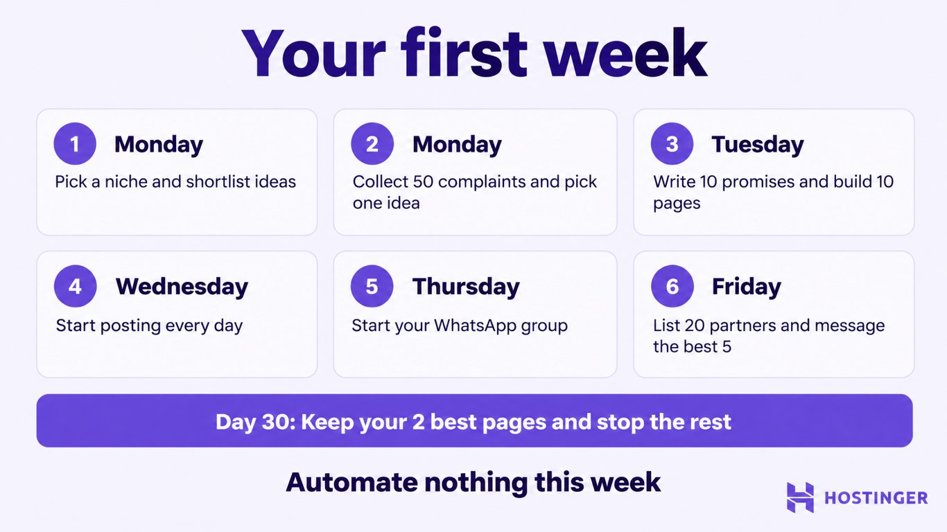 first-week-selling-plan Checklist of the first-week plan, from picking a niche on Monday to messaging small partners on Friday, ending alongside automate nothing this week
