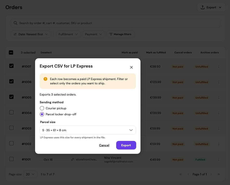 Hostinger Ecommerce Export CSV for LP Express window with 3 selected orders, sending method set to parcel locker drop-off, and S parcel size chosen.