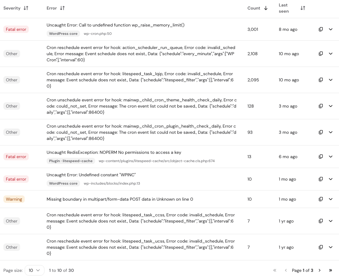 PHP logs array on Hostinger Agency hosting listing errors by severity, alongside origin labels specified as WordPress center and the LiteSpeed Cache plugin.