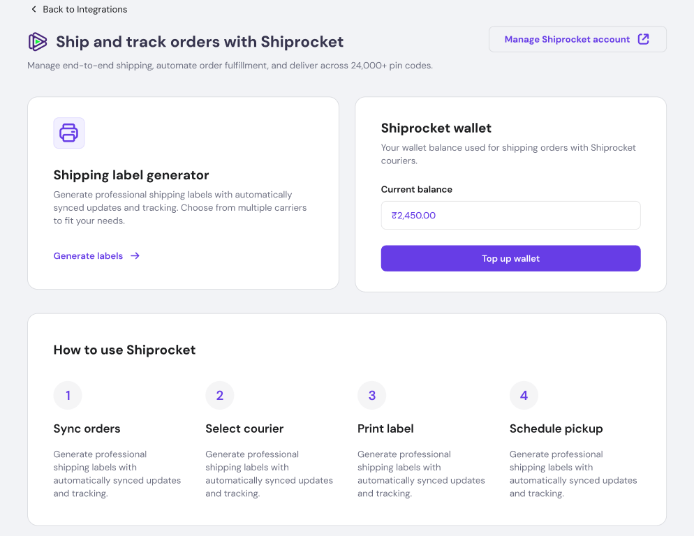 Shiprocket menu in Hostinger Ecommerce dashboard