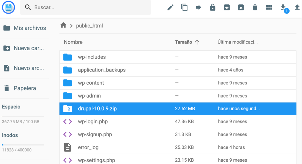 Gestor de archivos Hostinger. Se carga el archivo de instalación de Drupal