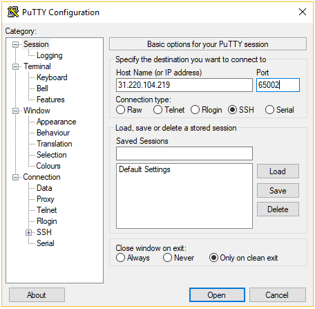 Ajustes de PuTTY