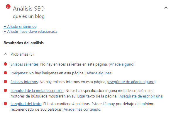 Sección Análisis SEO de Yoast mostrando la sección problemas