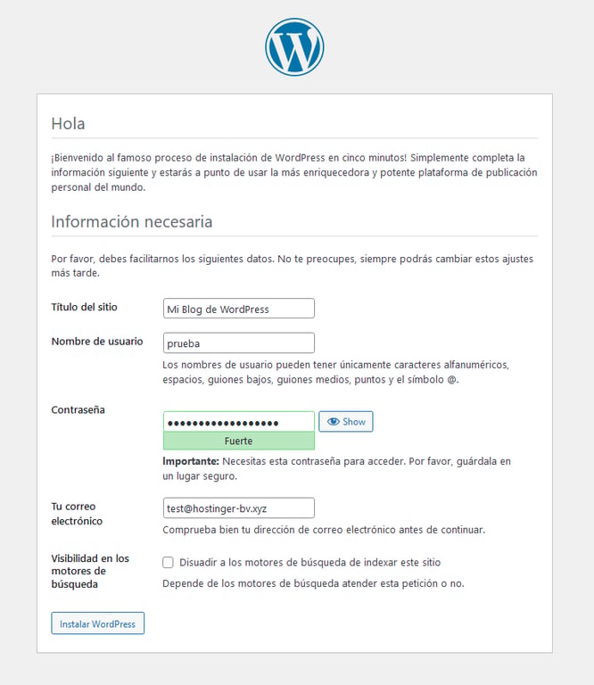 Completar informaci&oacute;n de tu nuevo sitio para instalar WordPress