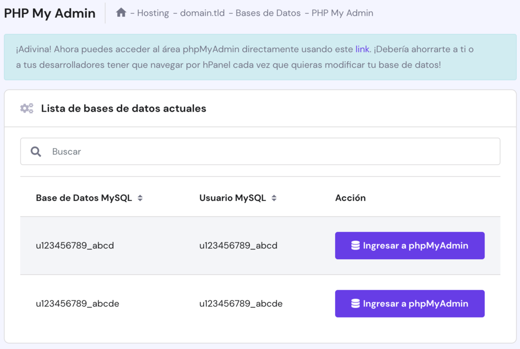 La página phpMyAdmin en hPanel. 