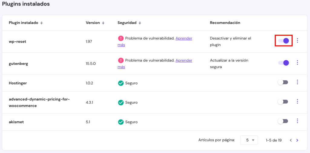 El proceso de desactivación de un plugin defectuoso en hPanel sección de WordPress