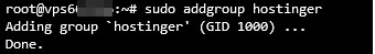 Visualización del comando en el terminal para crear un grupo
