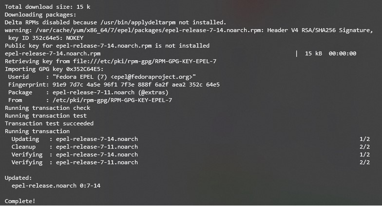 Visualización de la instalación completada de los EPEL