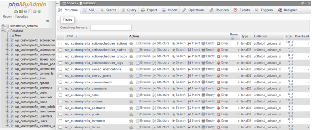 Panel de control de phpmyadmin 