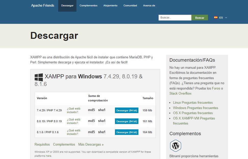 Página de descarga de Apache Friends