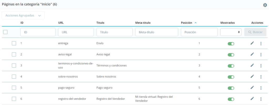Sección Páginas de PrestaShop