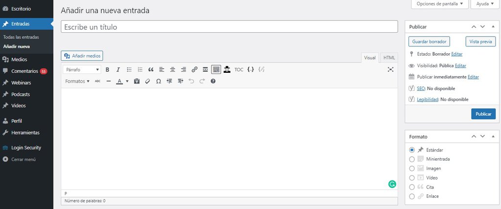 Visualización del editor clásico para crear una entrada