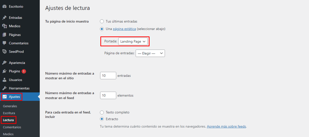 Ajustes de lectura en WordPress